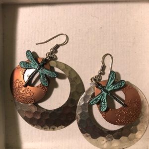 Earrings round metal with turquoise dragonfly
